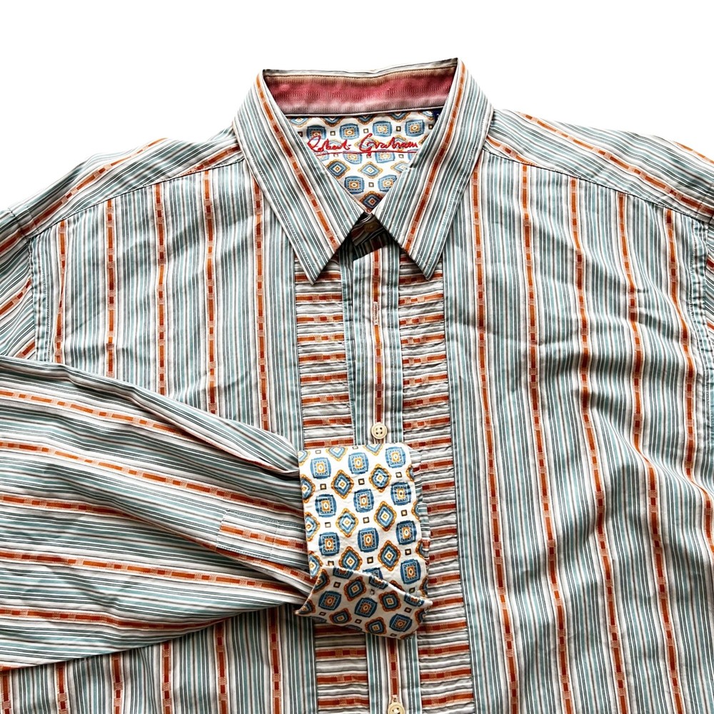 Robert Graham 2XL Shirt Men's Flip Cuff Teal Orange Blue Striped Embroidered Hem
